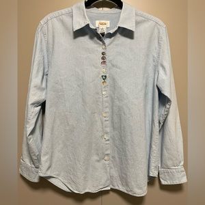 Talbots Women's 100% Cotton Denim Long Sleeve Button-Up Shirt Embroidery Detail